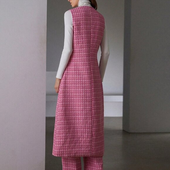 Pink Elegant Women's Tweed Long Sleeveless Cinched Waist Jacket & Pants Set - Picture 2 of 6